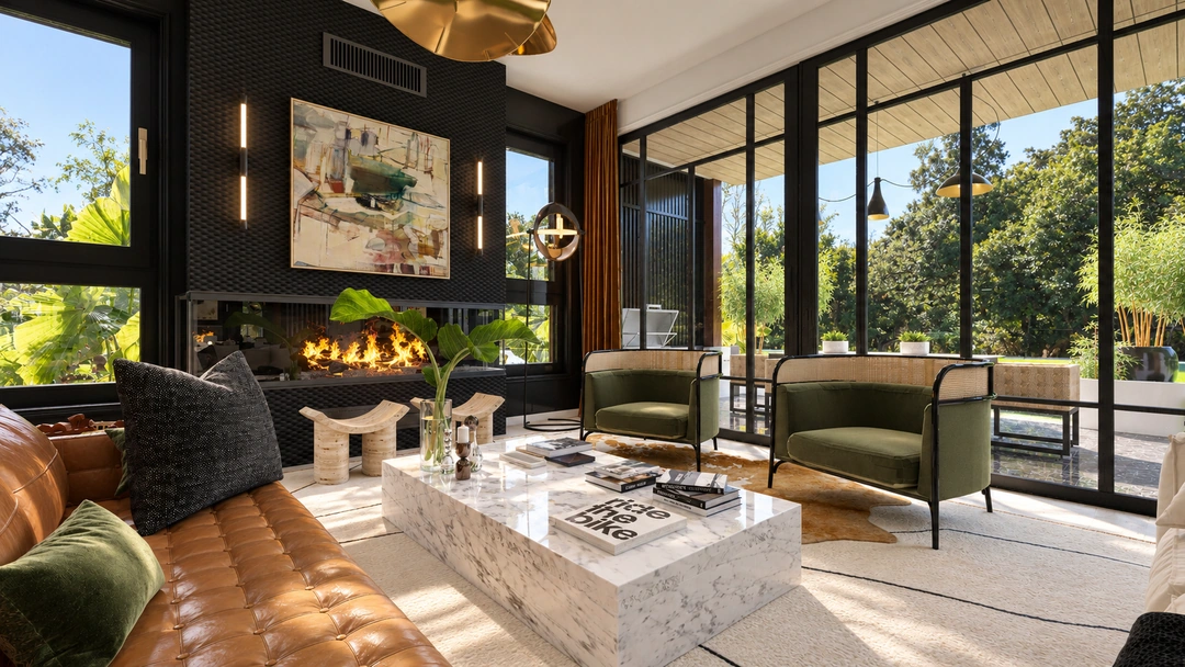 Living room with glazed walls and dark joinery — Santa Barbara, CA, Studio Dalika; project view 16