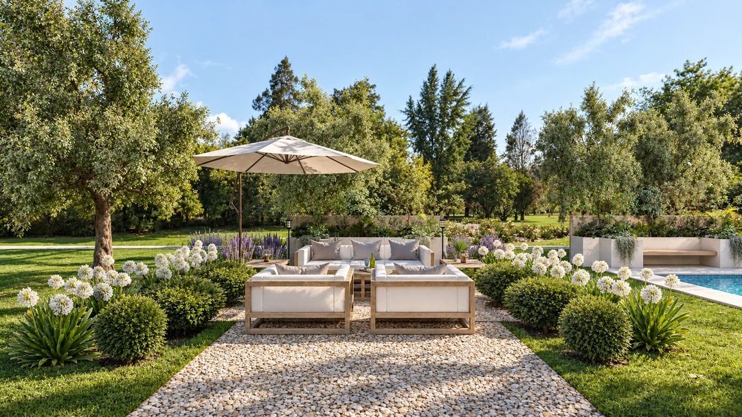 Formal garden viewed from a covered terrace — Santa Barbara, CA, Studio Dalika; project view 17