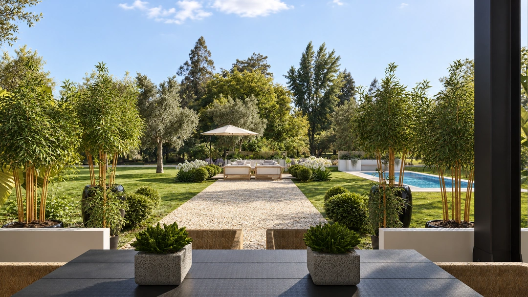 Garden lawn and clipped hedges beside a pool — Santa Barbara, CA, Studio Dalika; project view 18