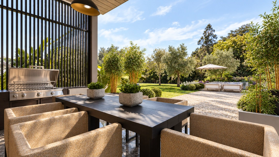Outdoor table overlooking a landscaped garden — Santa Barbara, CA, Studio Dalika; project view 19