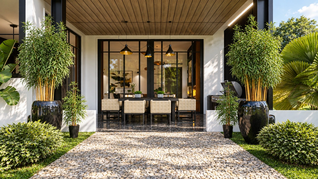 Covered entrance with a glass front door — Santa Barbara, CA, Studio Dalika; project view 20
