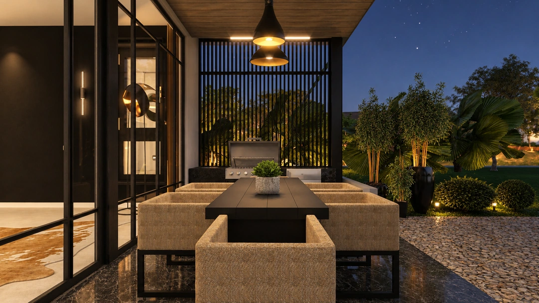 Covered dining terrace at night — Santa Barbara, CA, Studio Dalika; project view 21