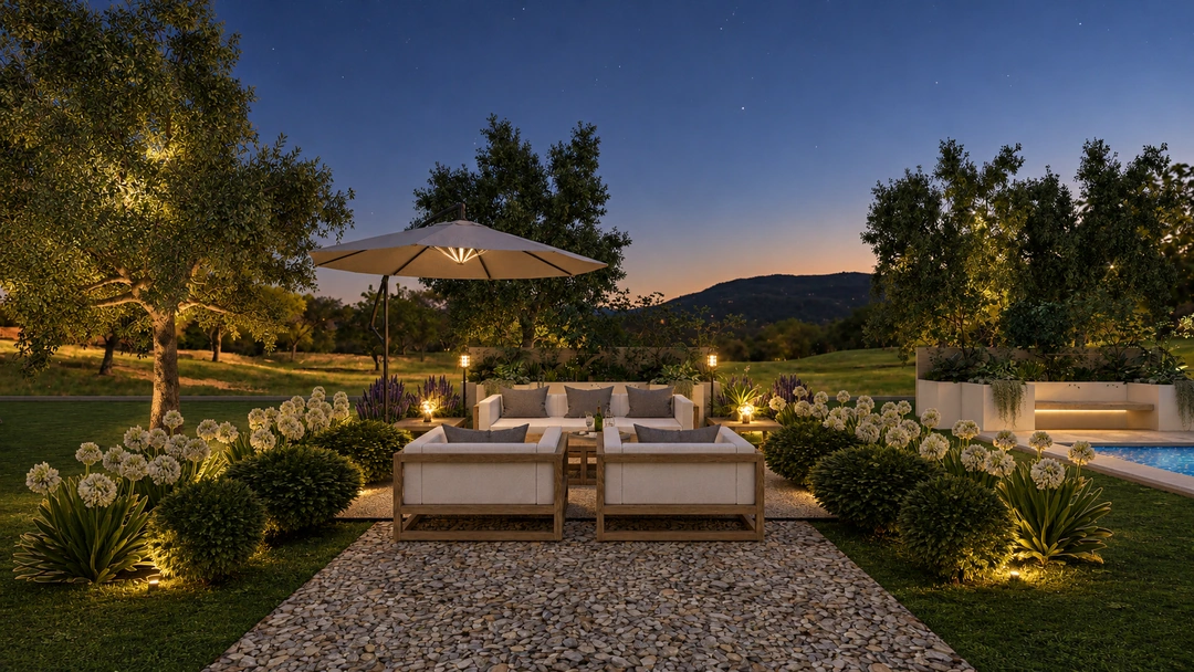Garden terraces and pool under evening lighting — Santa Barbara, CA, Studio Dalika; project view 22