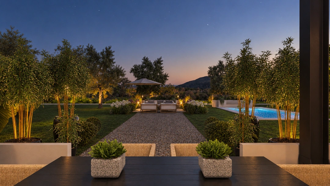 Landscaped garden and pool after sunset — Santa Barbara, CA, Studio Dalika; project view 23
