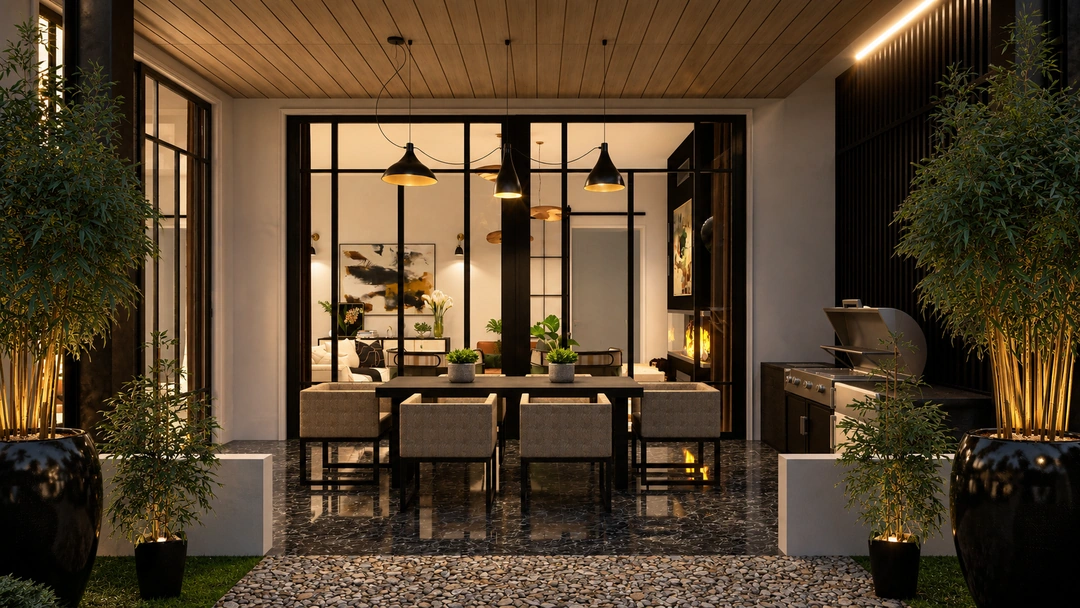 Garden-facing glazed entrance at night — Santa Barbara, CA, Studio Dalika; project view 24