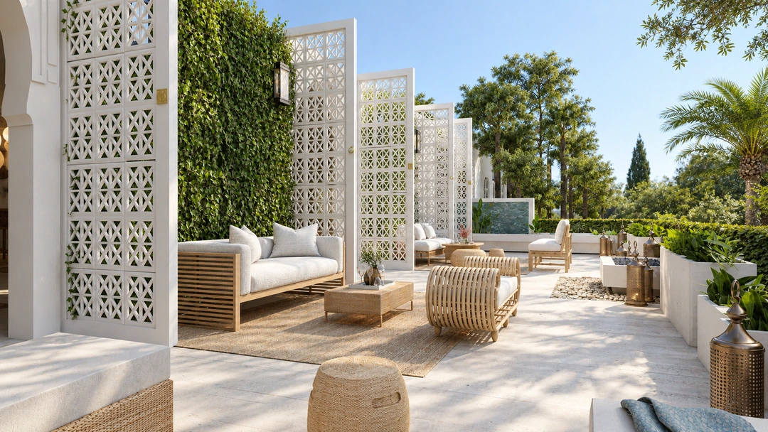 Outdoor seating beside a white patterned screen — Miami, FL, Studio Dalika
