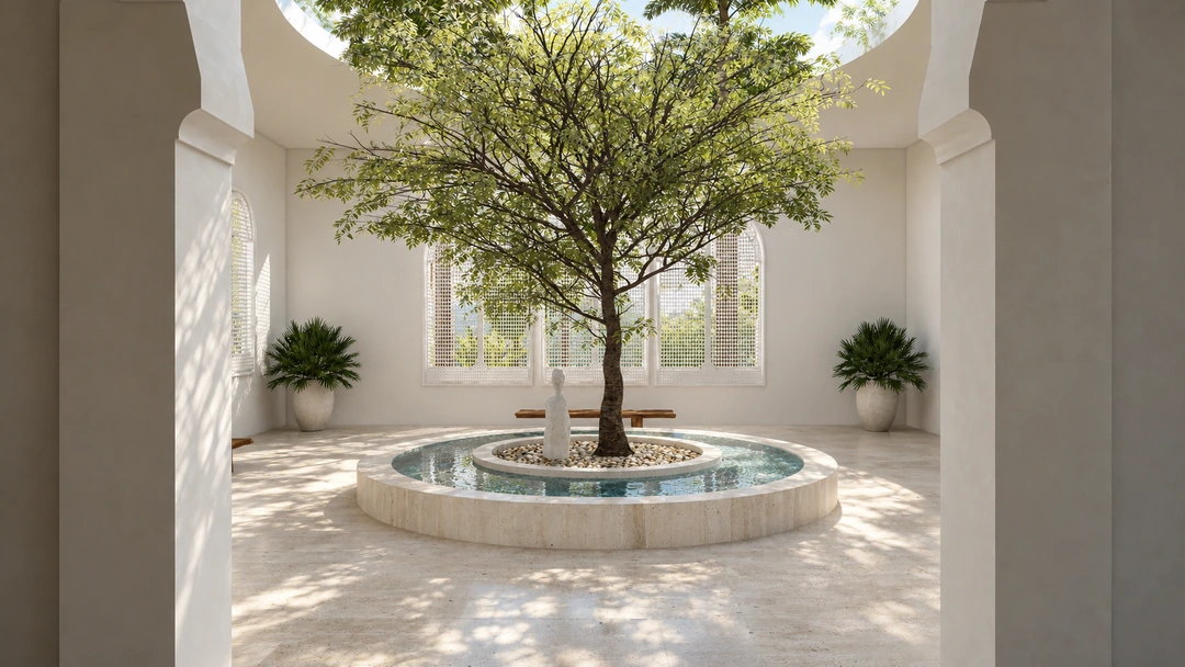 Round fountain beneath a covered courtyard — Miami, FL, Studio Dalika; project view 3