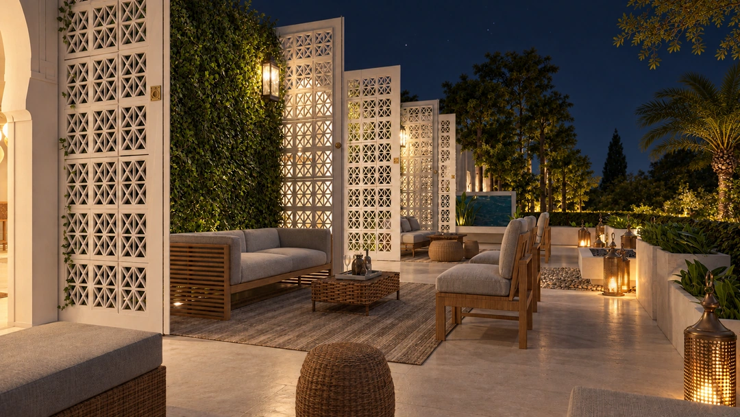 Patterned screens beside outdoor seating at night — Miami, FL, Studio Dalika; project view 6