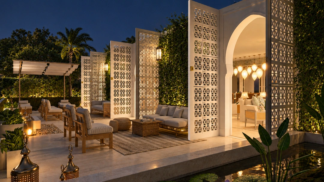Outdoor lounge and arched entrance at night — Miami, FL, Studio Dalika; project view 7
