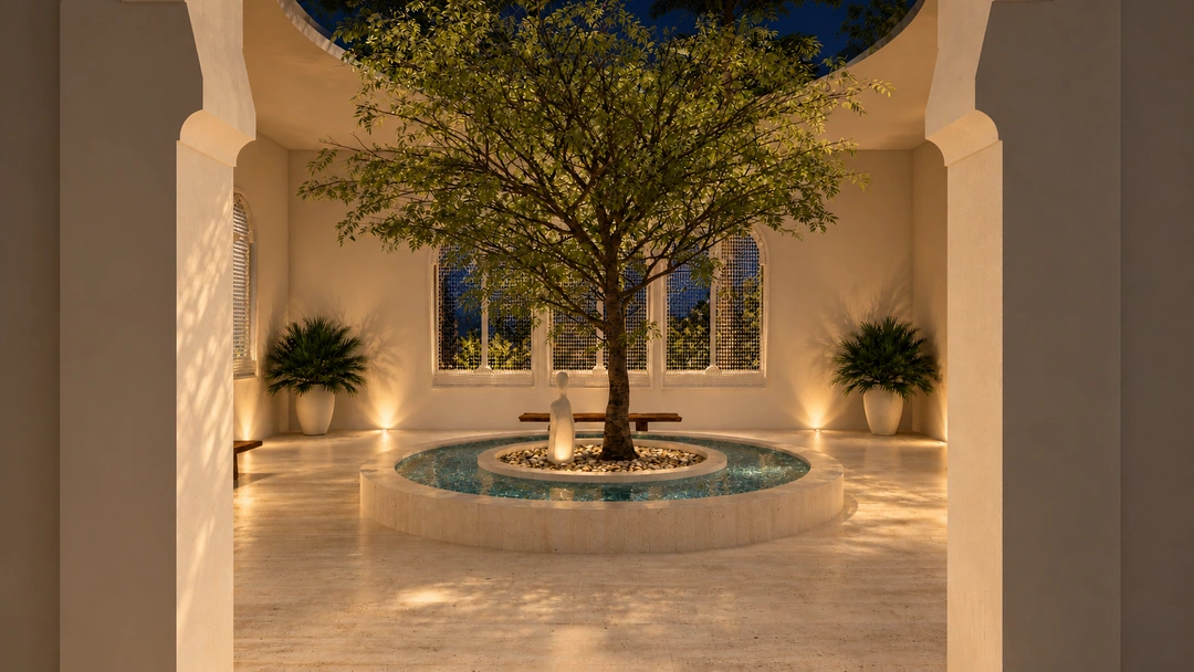 Illuminated circular fountain in a covered courtyard — Miami, FL, Studio Dalika; project view 8