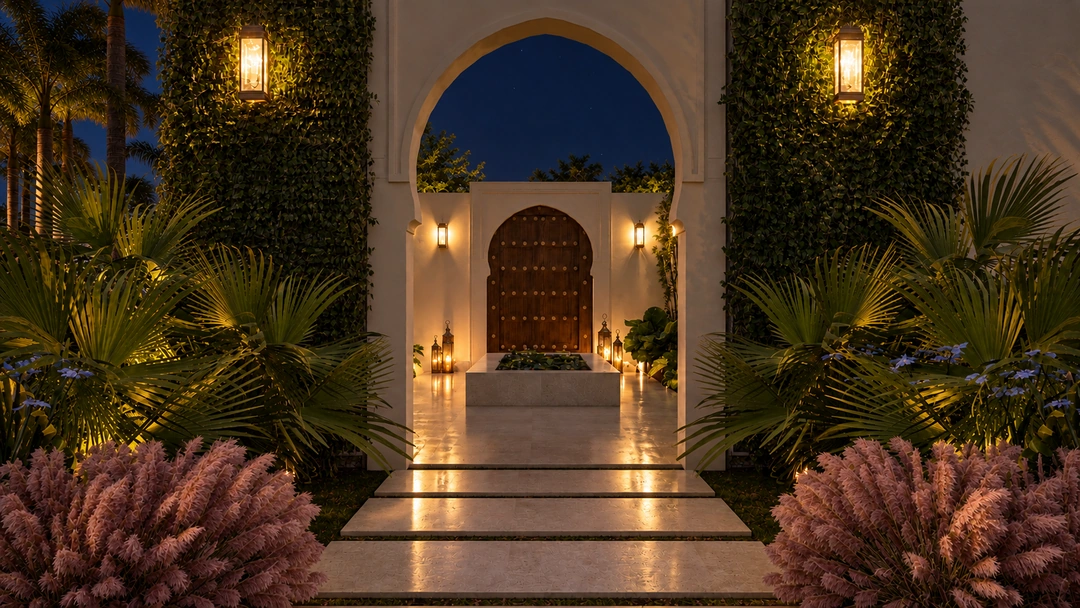 Path through planting toward a lit entrance — Miami, FL, Studio Dalika; project view 9