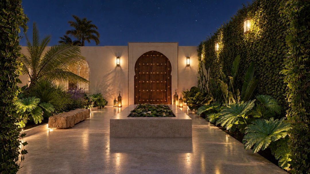 Garden lounge and lantern-lit walkway at night — Miami, FL, Studio Dalika; project view 10