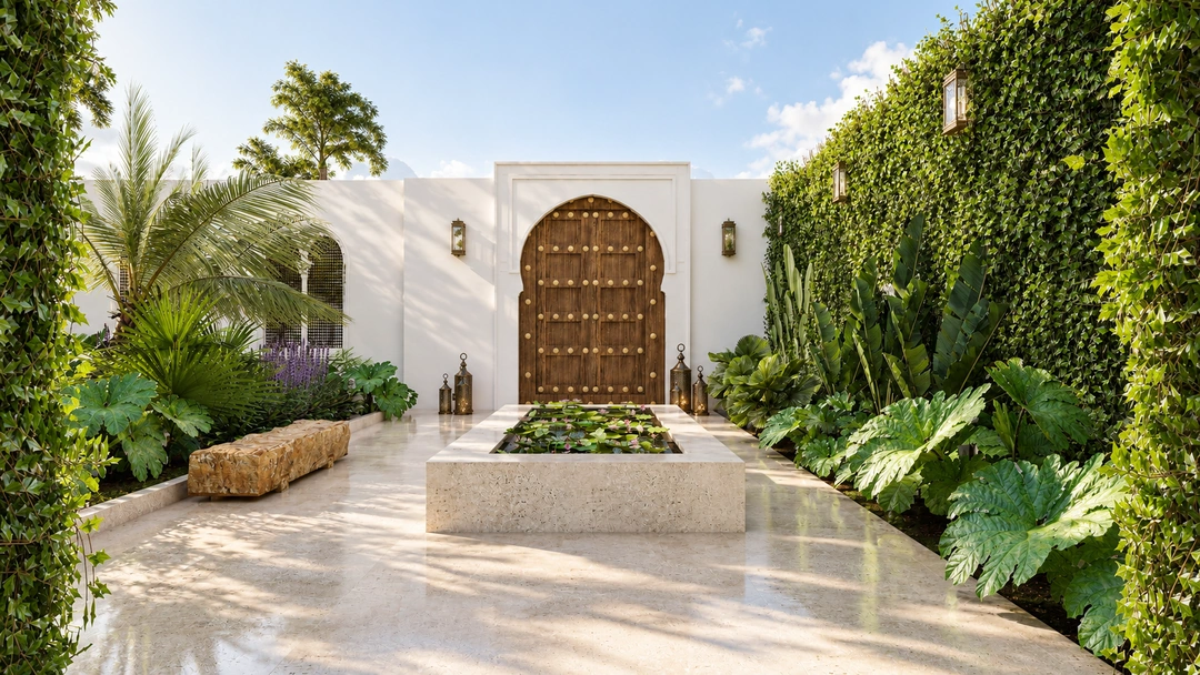 Garden walkway framed by tropical planting — Miami, FL, Studio Dalika; project view 3