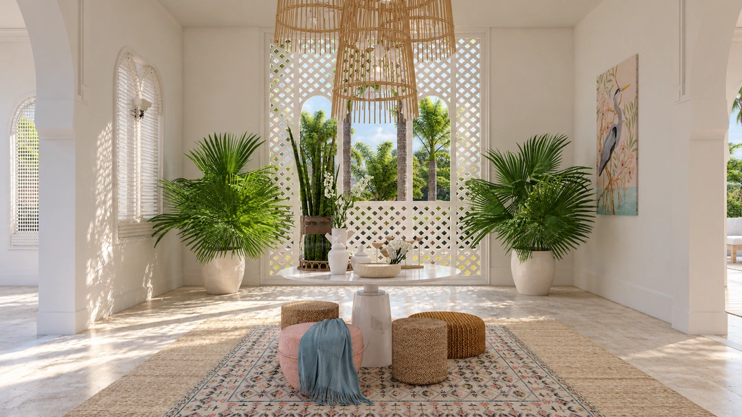 Round foyer table beneath an arched opening — Miami, FL, Studio Dalika; project view 4