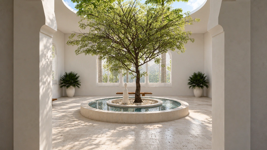 Circular foyer table with an overhead branch arrangement — Miami, FL, Studio Dalika; project view 6