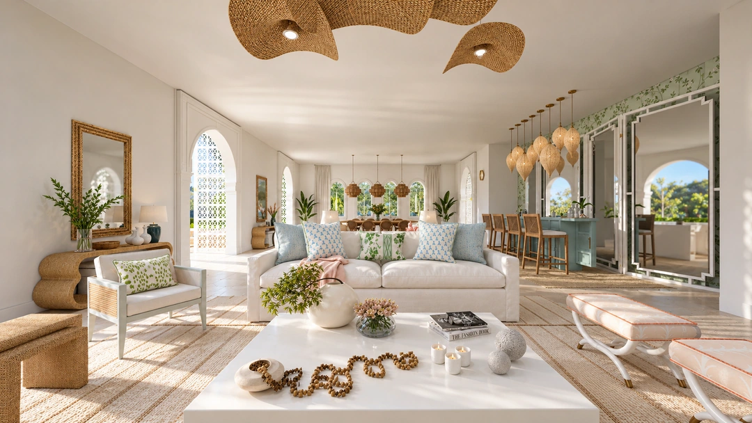 Living room and decorative screen beyond — Miami, FL, Studio Dalika; project view 7