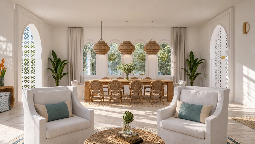 Arched living room with pale upholstered seating — Miami, FL, Studio Dalika; project view 8