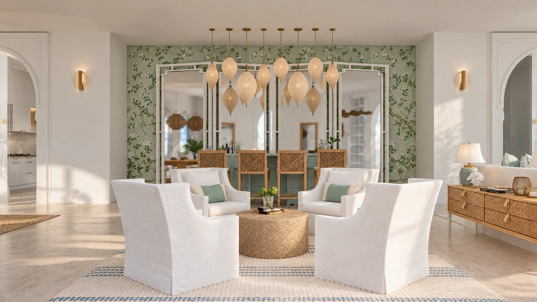 Pale seating grouped around round coffee tables — Miami, FL, Studio Dalika; project view 9