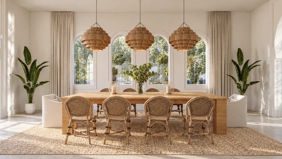 Dining table beneath woven pendant lights — Miami, FL, Studio Dalika; project view 10