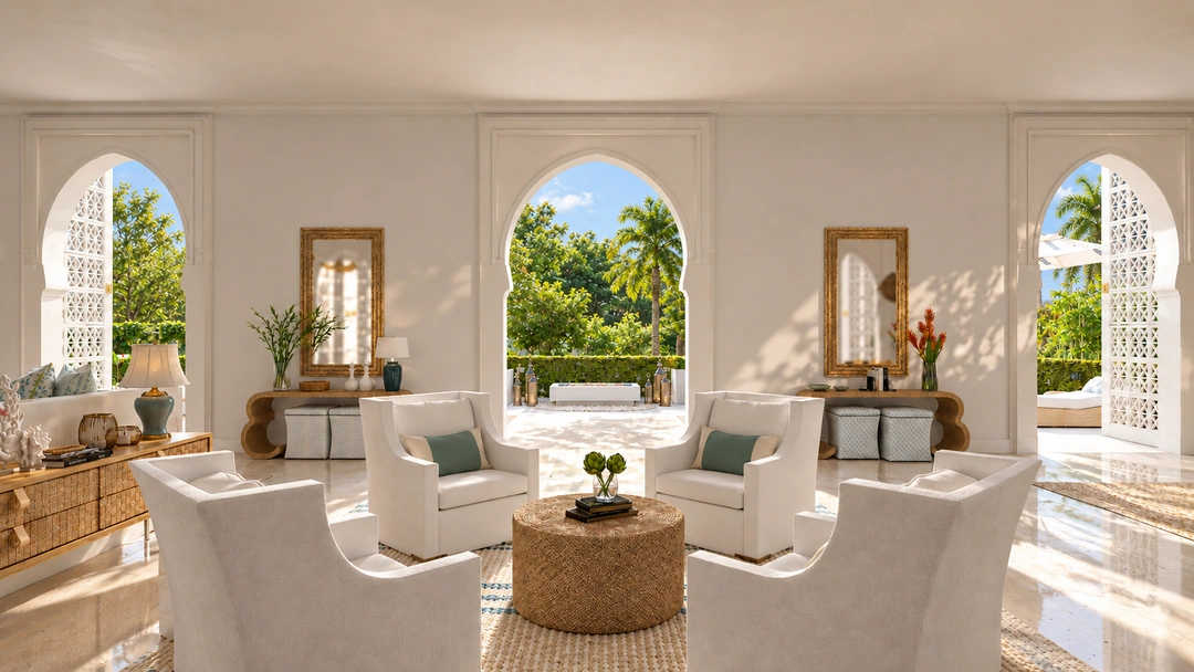 Arched living room opening to a tropical garden — Miami, FL, Studio Dalika; project view 11