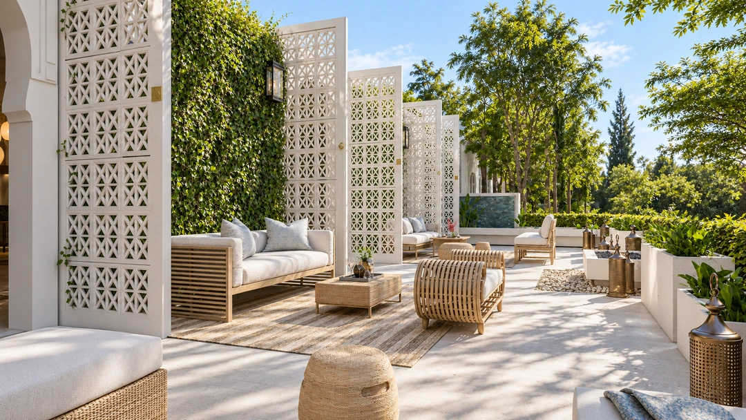Outdoor seating beside a patterned screen — Miami, FL, Studio Dalika; project view 13