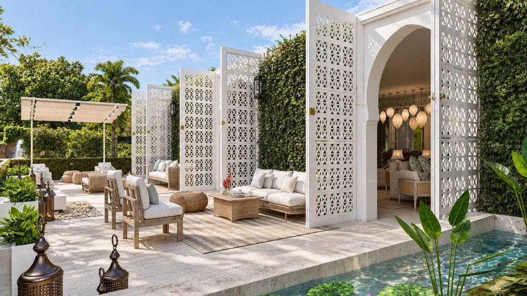 Garden terrace and white outdoor seating — Miami, FL, Studio Dalika; project view 14