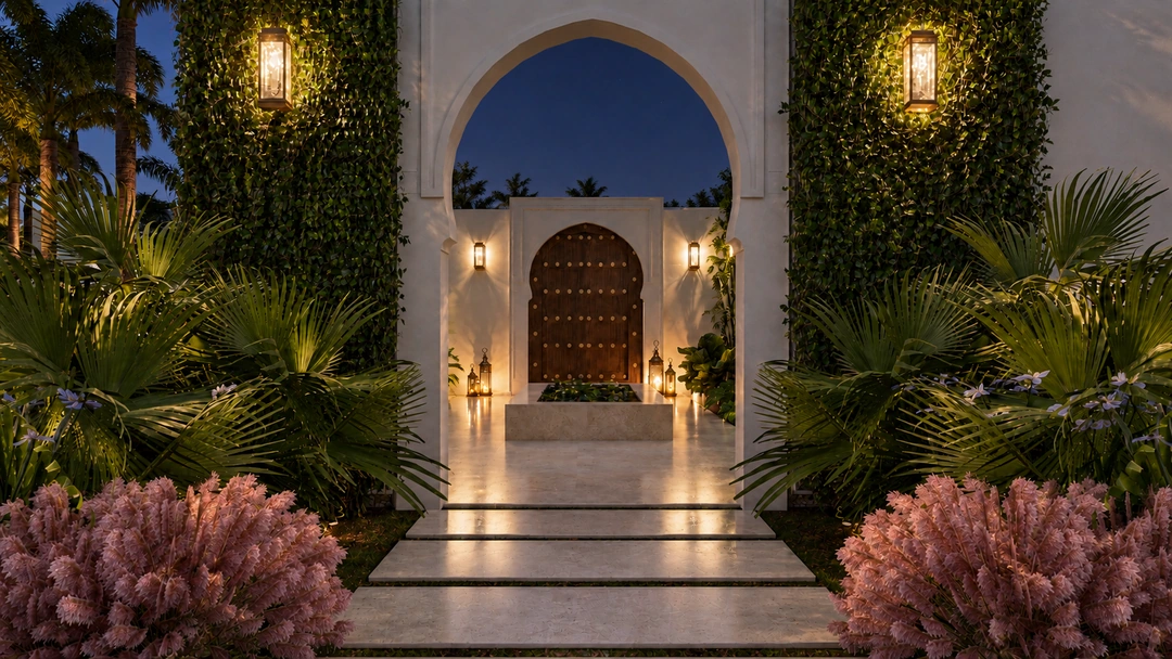Garden path approaching an arched entrance at night — Miami, FL, Studio Dalika; project view 15