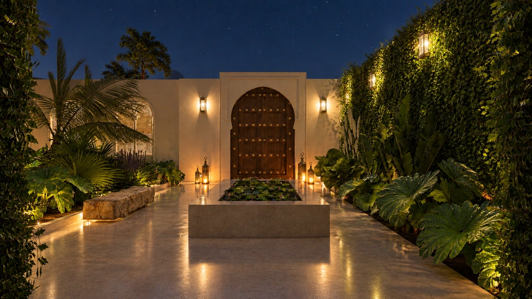Tropical courtyard and illuminated entrance at night — Miami, FL, Studio Dalika; project view 16