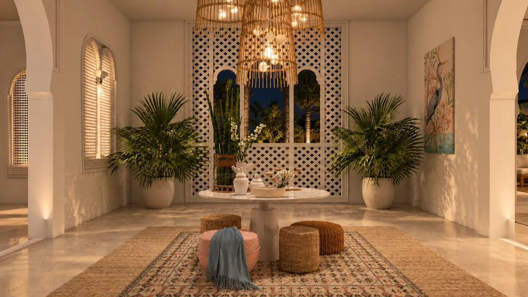 Dining room and courtyard outlook at night — Miami, FL, Studio Dalika; project view 17