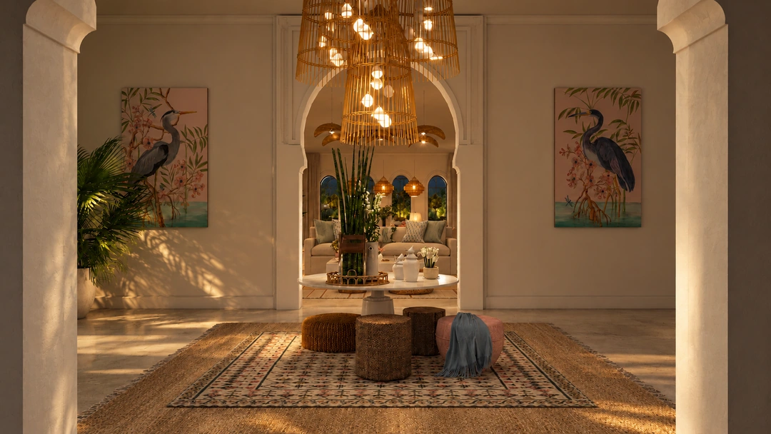 Entry corridor and arched opening at night — Miami, FL, Studio Dalika; project view 18