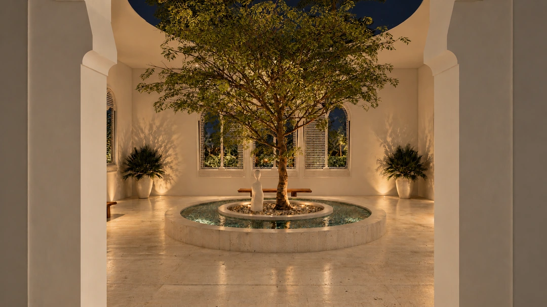 Round entry table and floral display at night — Miami, FL, Studio Dalika; project view 19