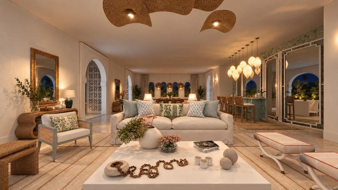 Arched living room with layered lighting at night — Miami, FL, Studio Dalika; project view 20