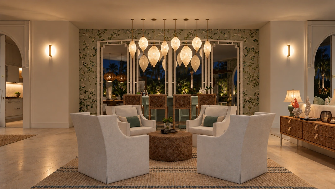 Living room with pale seating at night — Miami, FL, Studio Dalika; project view 22