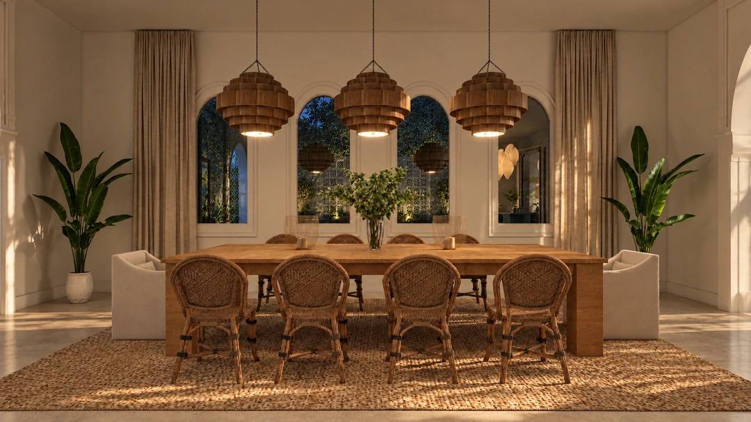 Dining table and arched mirrors at night — Miami, FL, Studio Dalika; project view 23