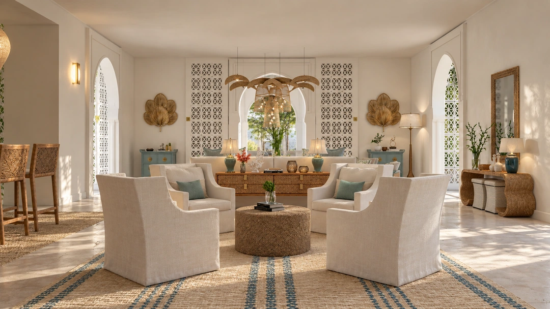 Pale seating beneath an arched mirror — Miami, FL, Studio Dalika; project view 24