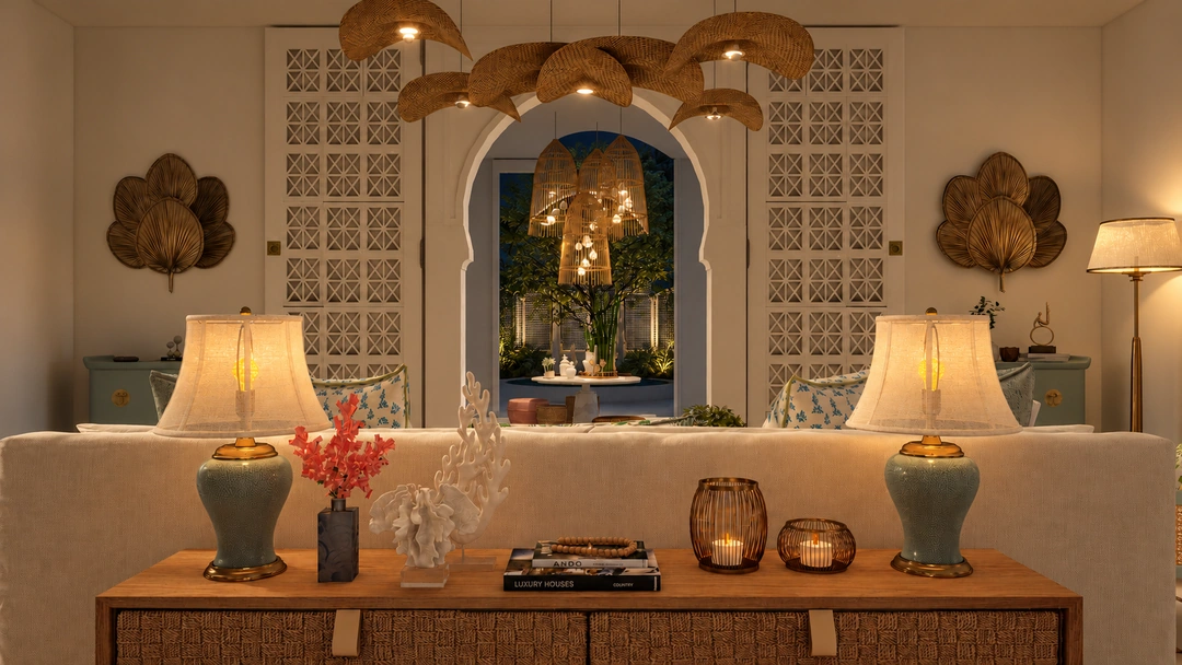Entry console beneath an arched mirror at night — Miami, FL, Studio Dalika; project view 25