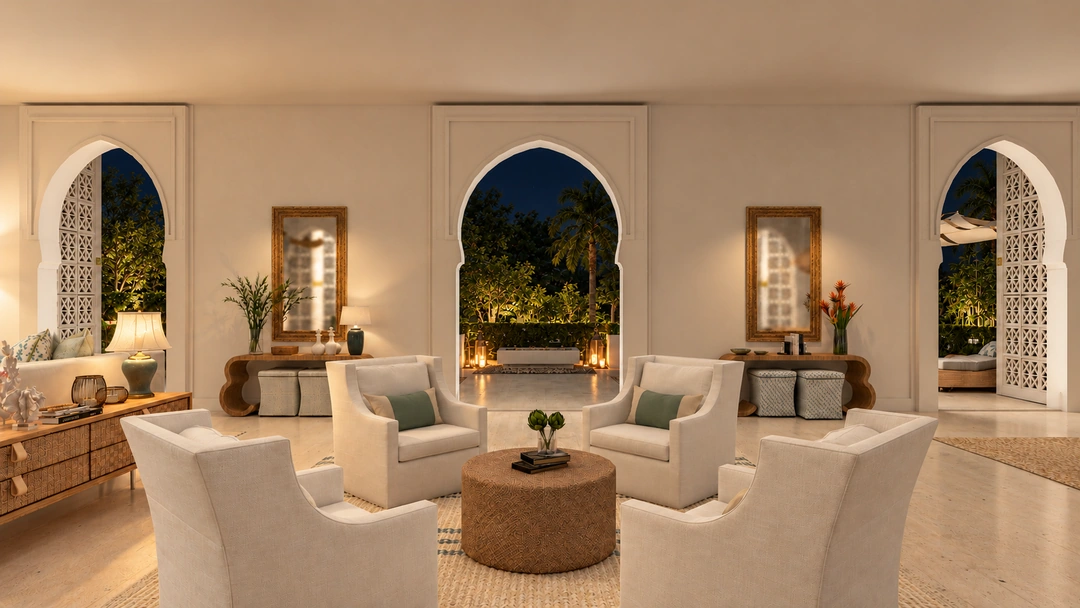 Paired armchairs and rounded table at night — Miami, FL, Studio Dalika; project view 26
