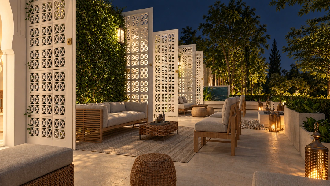 Outdoor lounge and arched doorway at night — Miami, FL, Studio Dalika; project view 27