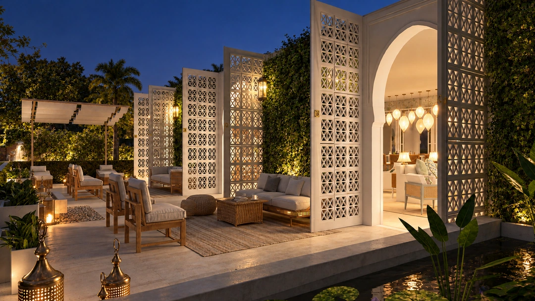 Outdoor lounge beside patterned screens at night — Miami, FL, Studio Dalika; project view 28