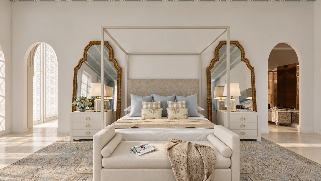 Bedroom with symmetrical mirrors and pale textiles — Miami, FL, Studio Dalika; project view 3