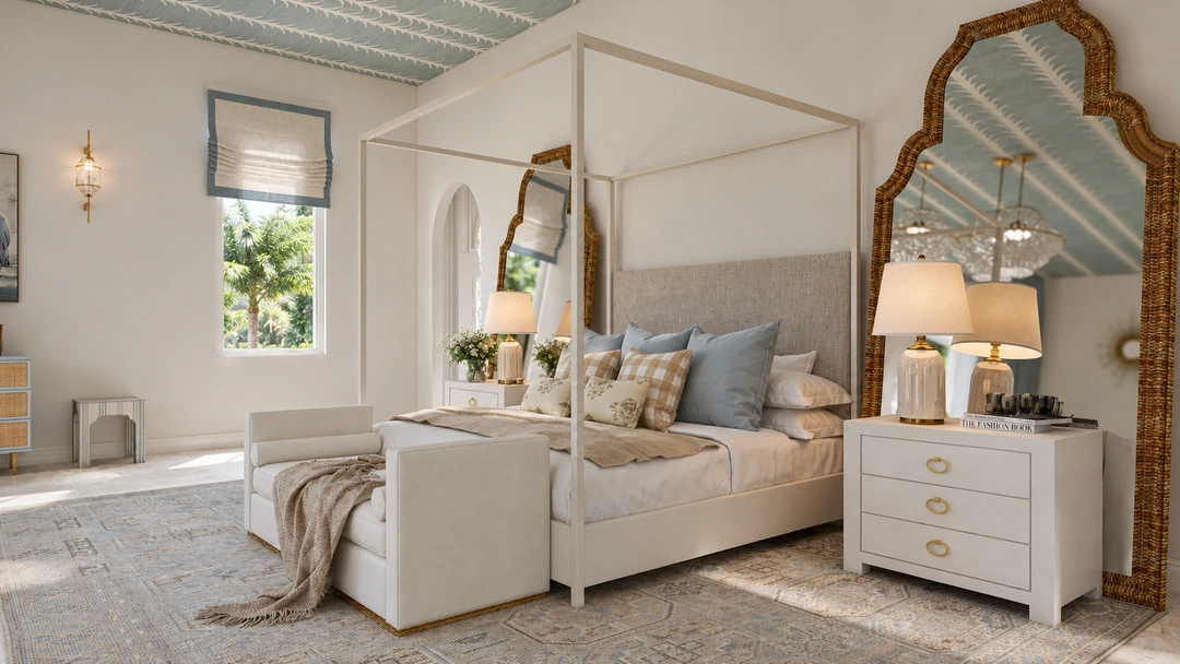 Upholstered bed and mirrored bedside furniture — Miami, FL, Studio Dalika