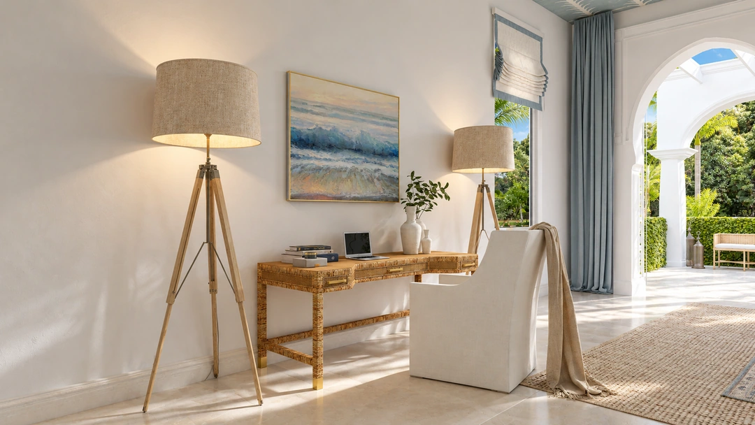 Writing desk and chair beside tall windows — Miami, FL, Studio Dalika; project view 5