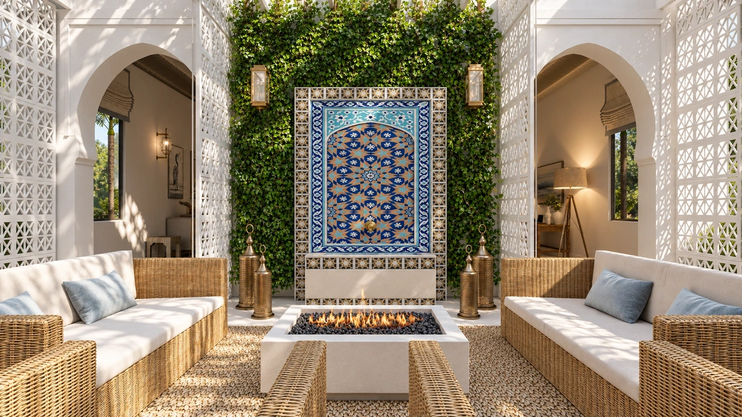 Courtyard seating with a decorative tiled wall — Miami, FL, Studio Dalika; project view 6