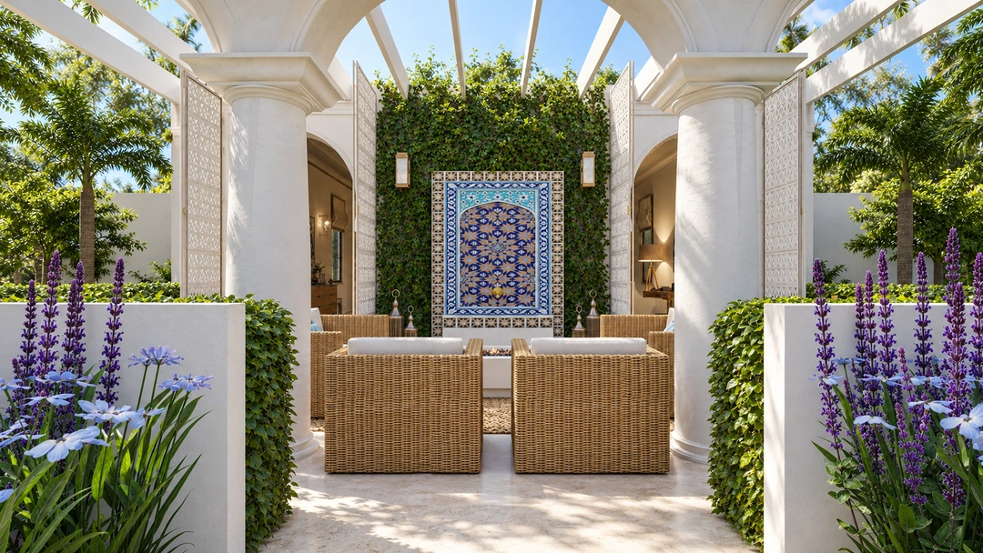 Bedroom opening toward a tiled courtyard — Miami, FL, Studio Dalika; project view 7