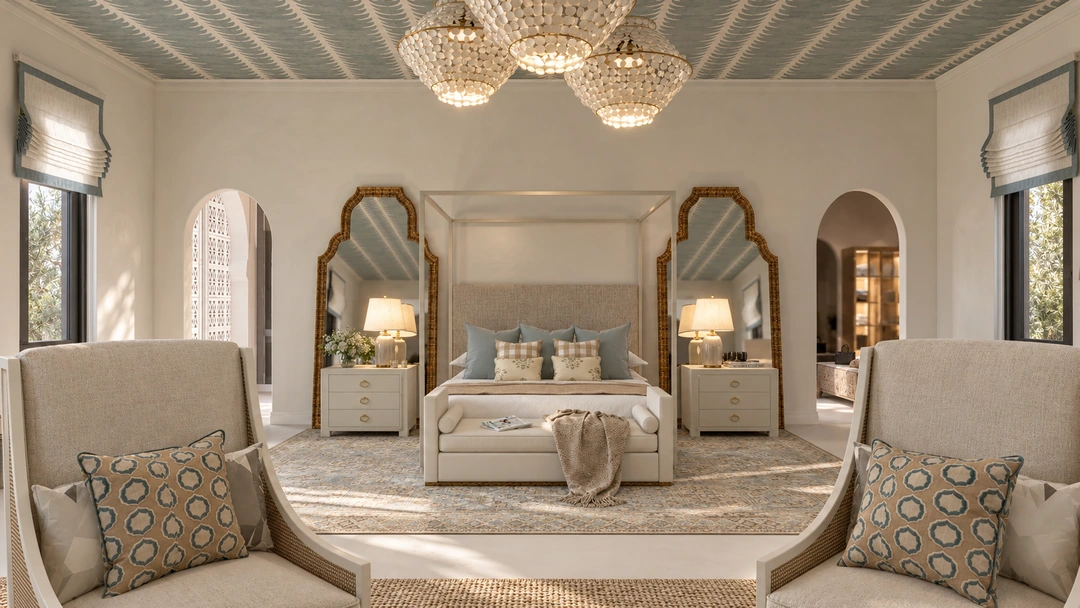 Bedroom seating and arched mirrors — Miami, FL, Studio Dalika; project view 8