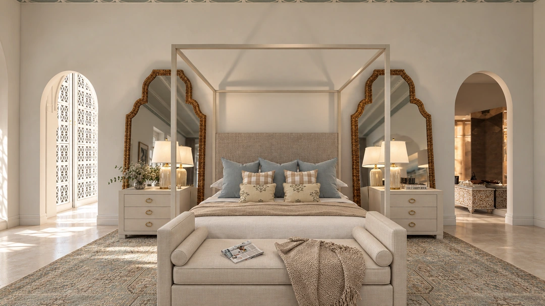 Bed between paired arched mirrors — Miami, FL, Studio Dalika; project view 9