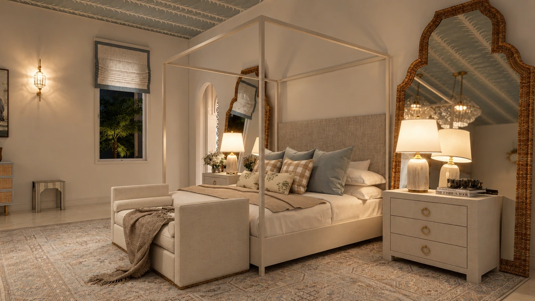 Bedroom and dresser in evening light — Miami, FL, Studio Dalika; project view 10