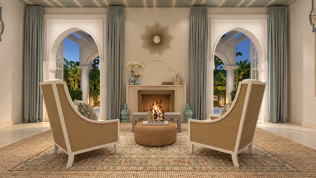 Seating area beneath paired arched windows — Miami, FL, Studio Dalika; project view 11