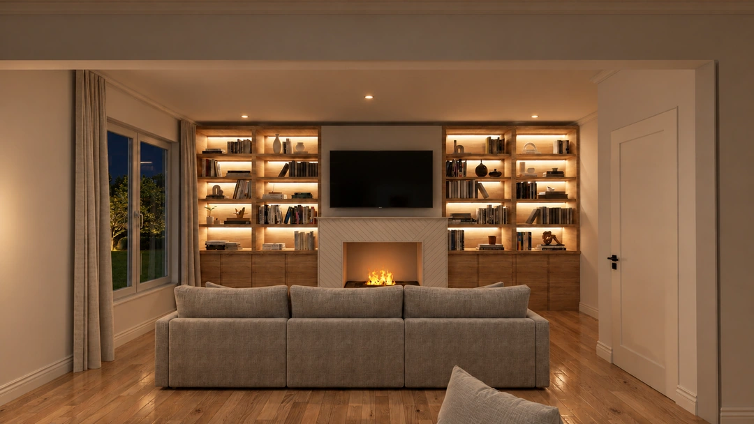 Illuminated shelving beside a dining area at night — Los Angeles, CA, Studio Dalika; project view 3