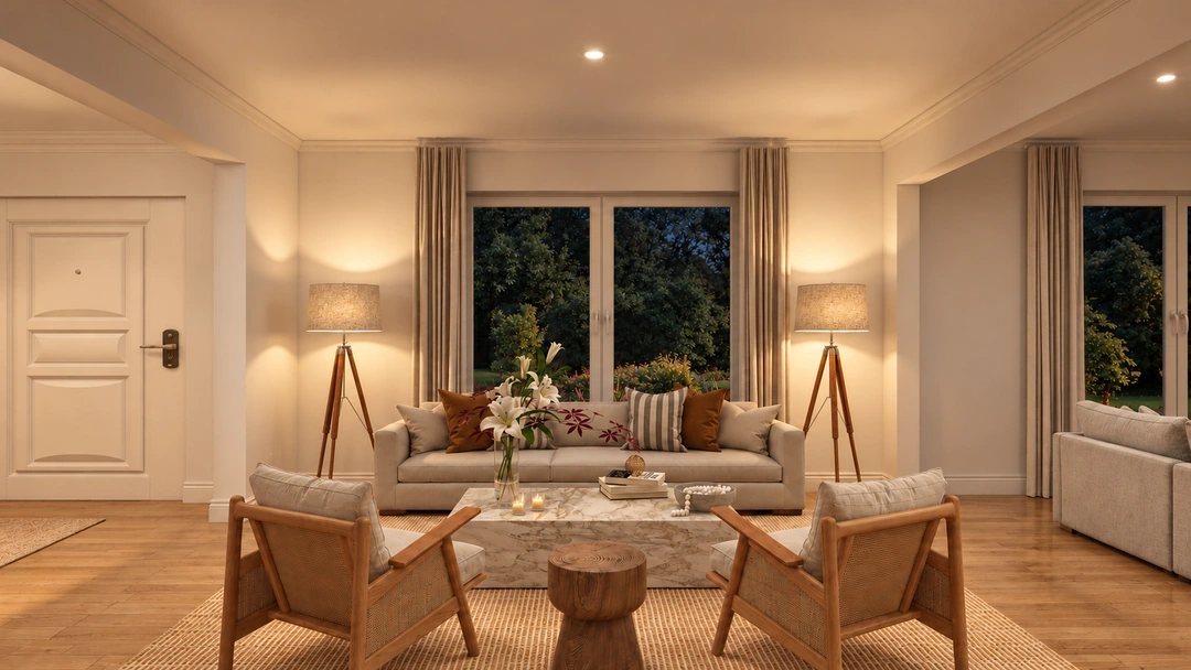 Living room with draped windows at night — Los Angeles, CA, Studio Dalika; project view 5